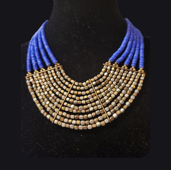 Puka shells royal blue w/sliver&bronze gold beads.Choker bib necklace. - Picture 5 of 6